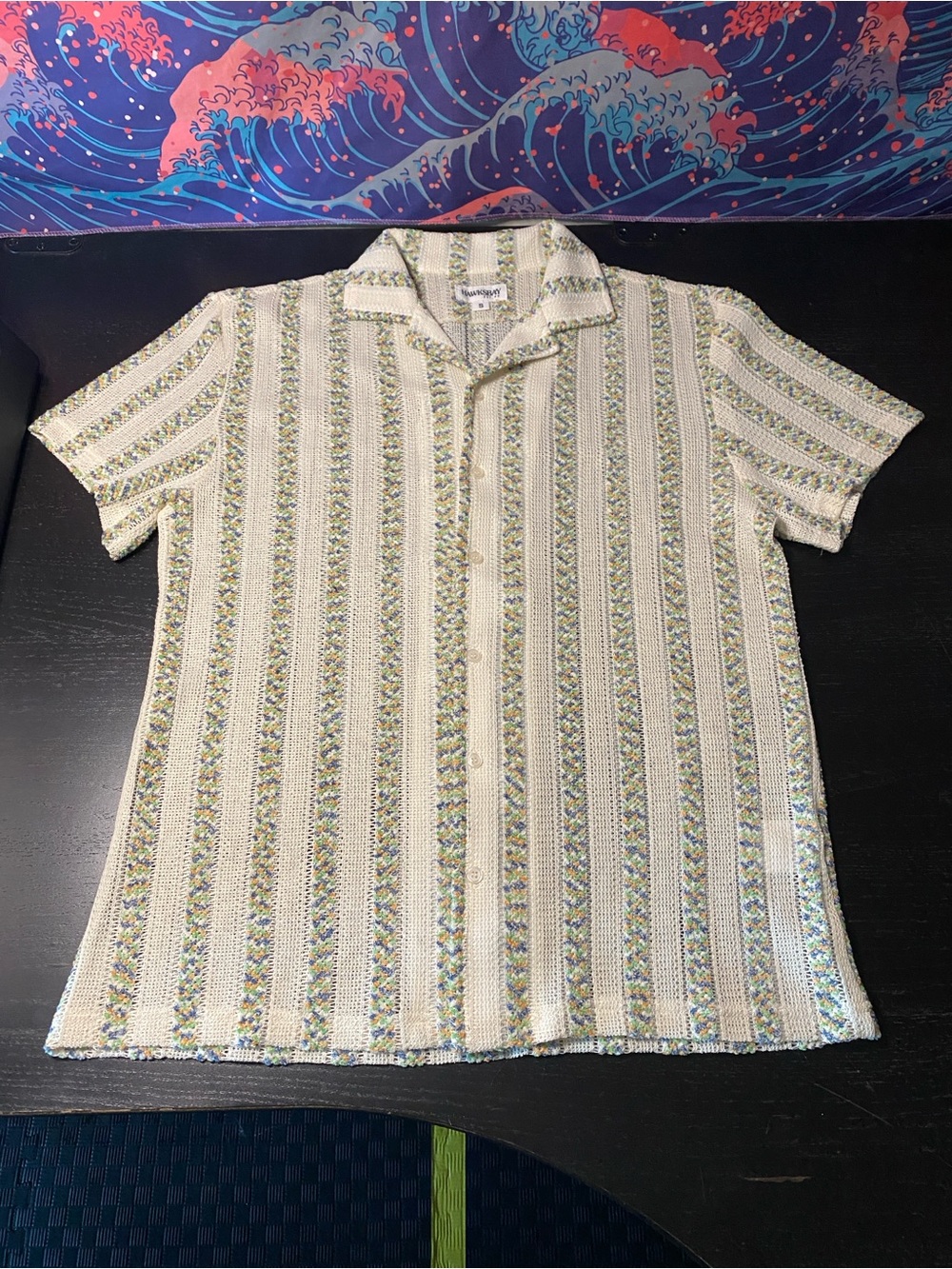 Striped Short-Sleeve Camp Shirt in Cream and Green